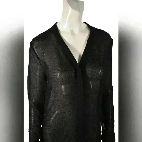 HELMUT LANG Black Sheer Crinkle Rolled 100% Silk Long Top Blouse Small 2/4  USA - Picture 7 of 8